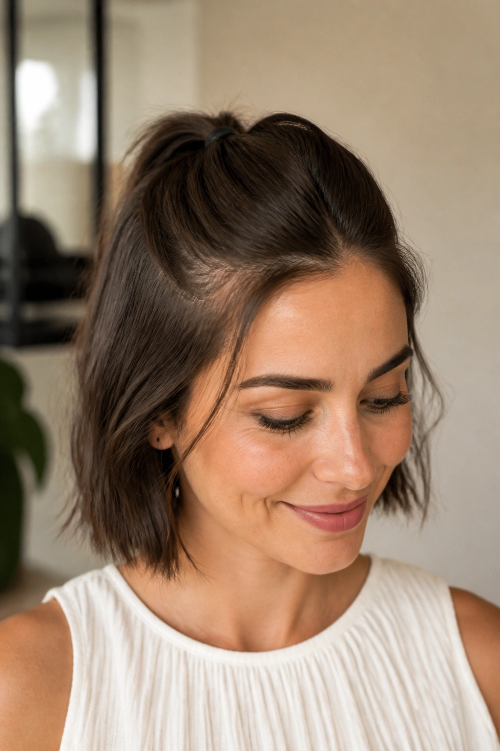 Woman with half-up mini pony on a short bob