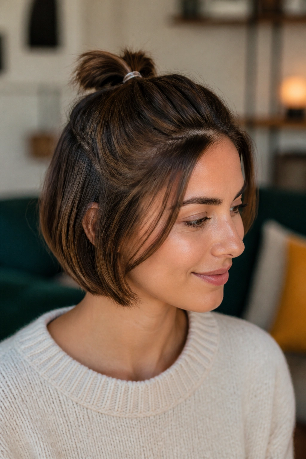 Close-up of a woman with a mini half-up ponytail and loose face-framing strands