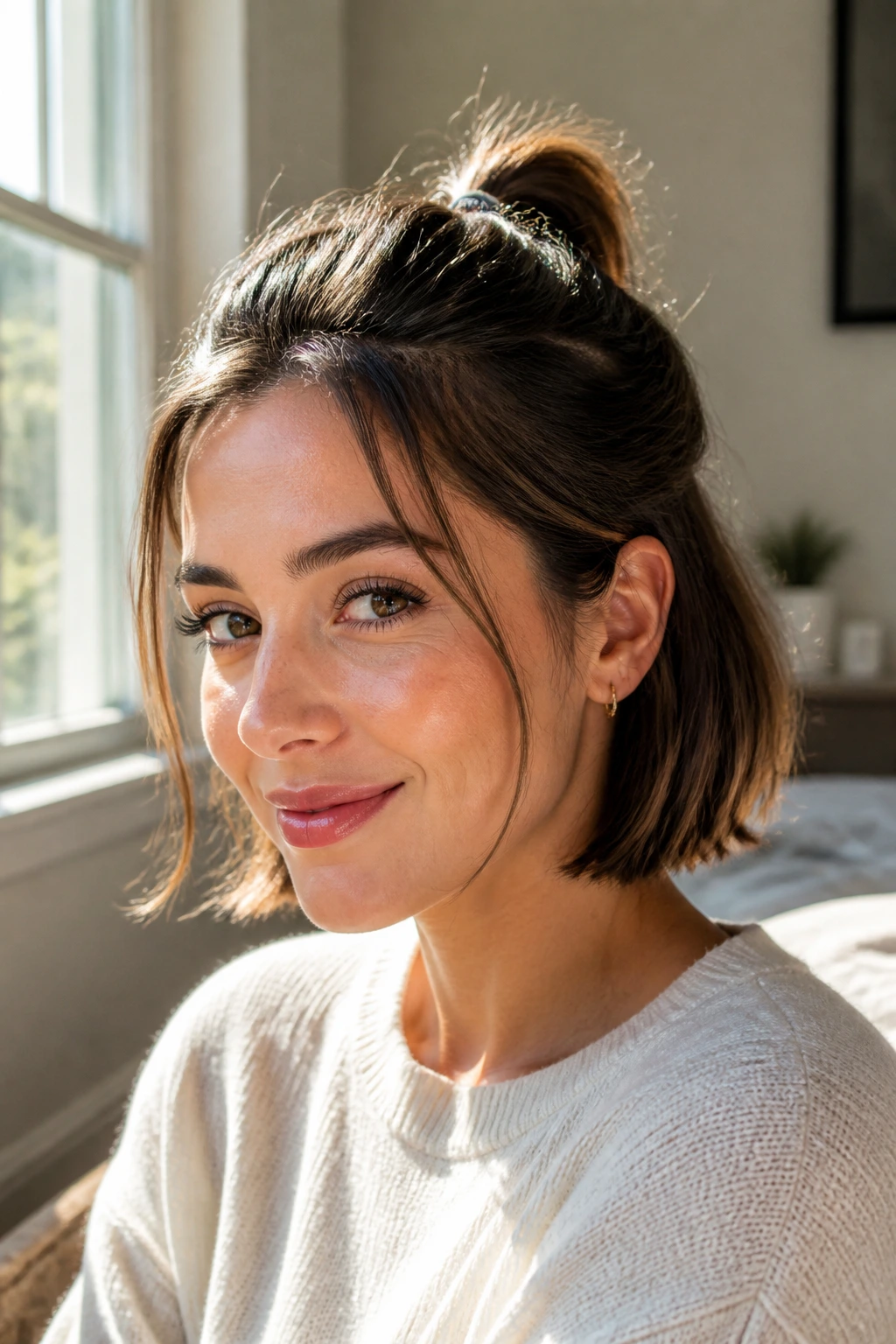 Close-up of a real person with a tiny half-up ponytail at the crown, jaw-length hair