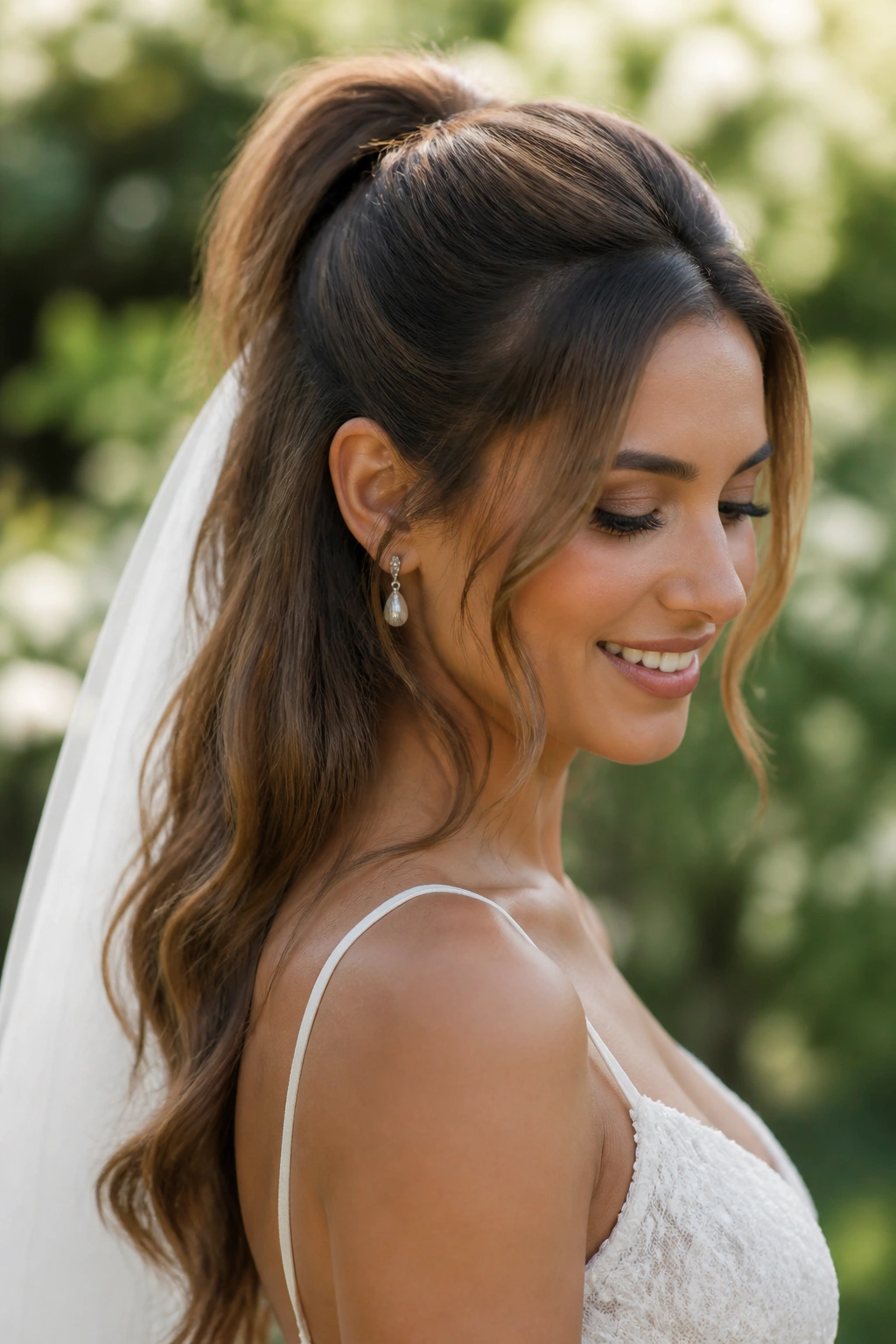 Bride with half-up ponytail and loose length flowing.