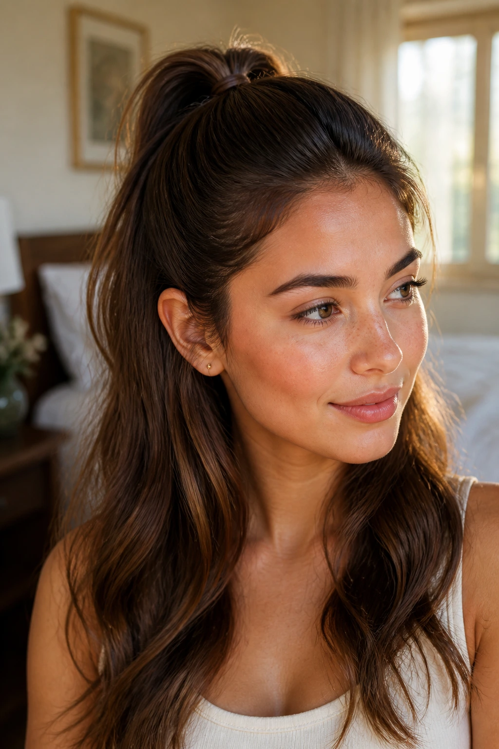 Close-up of a real woman wearing a half-up ponytail with top pulled back and flowing lower hair