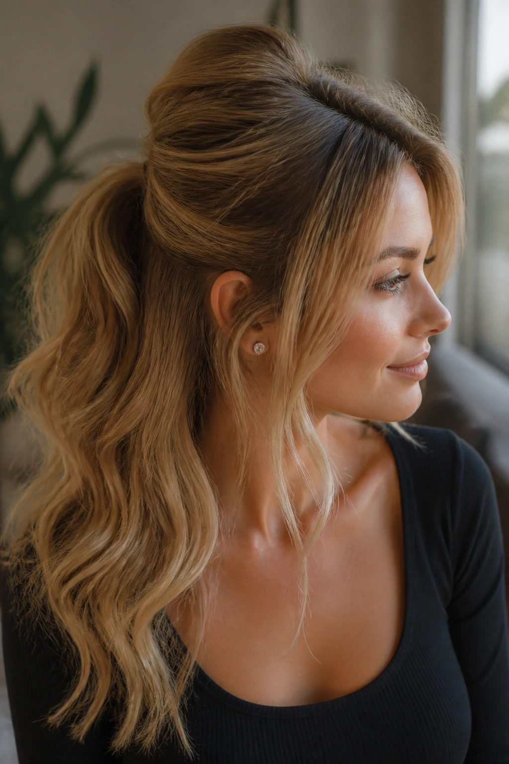 Close-up of a real woman with a half-up ponytail and lifted roots