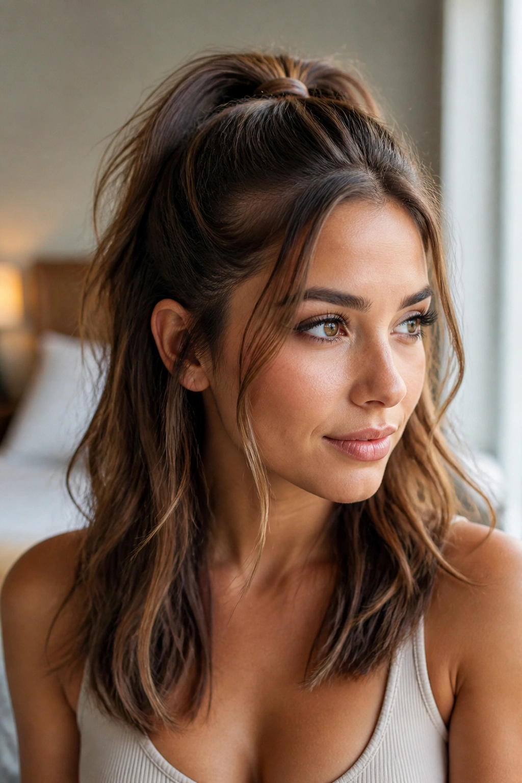 Close-up of real woman wearing a half-up ponytail with crown lift
