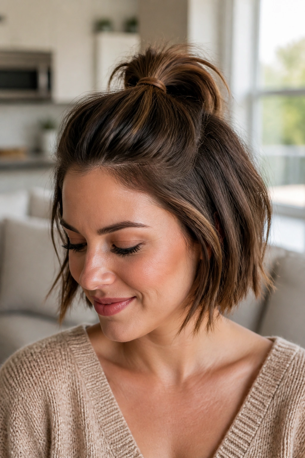 Close-up of real person showing a half-up ponytail on short hair with wrapped elastic