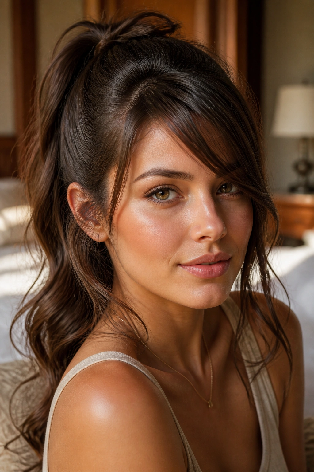 Close-up portrait of a real woman with a half-up ponytail and side sweep.