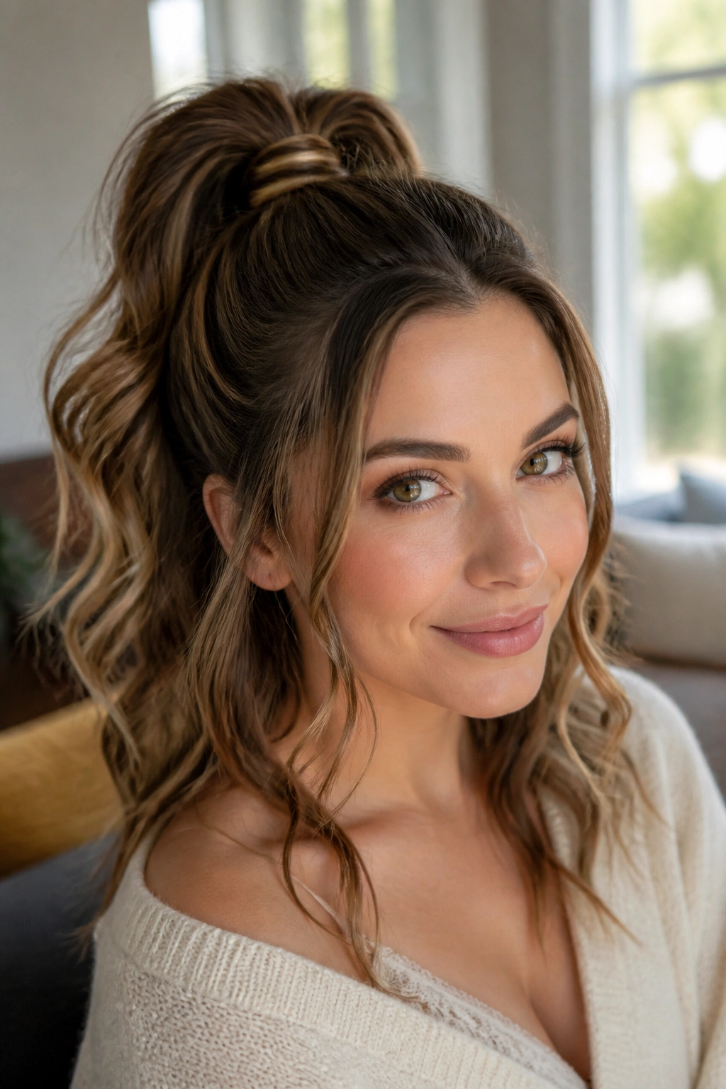 Real woman wearing a half-up ponytail with soft waves, crown-height pony.