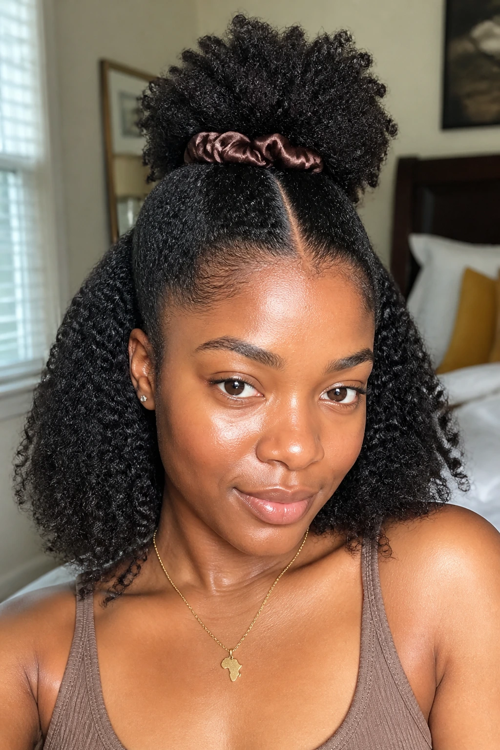 Close-up of a real woman wearing a half-up puff with a clean part on 4C hair