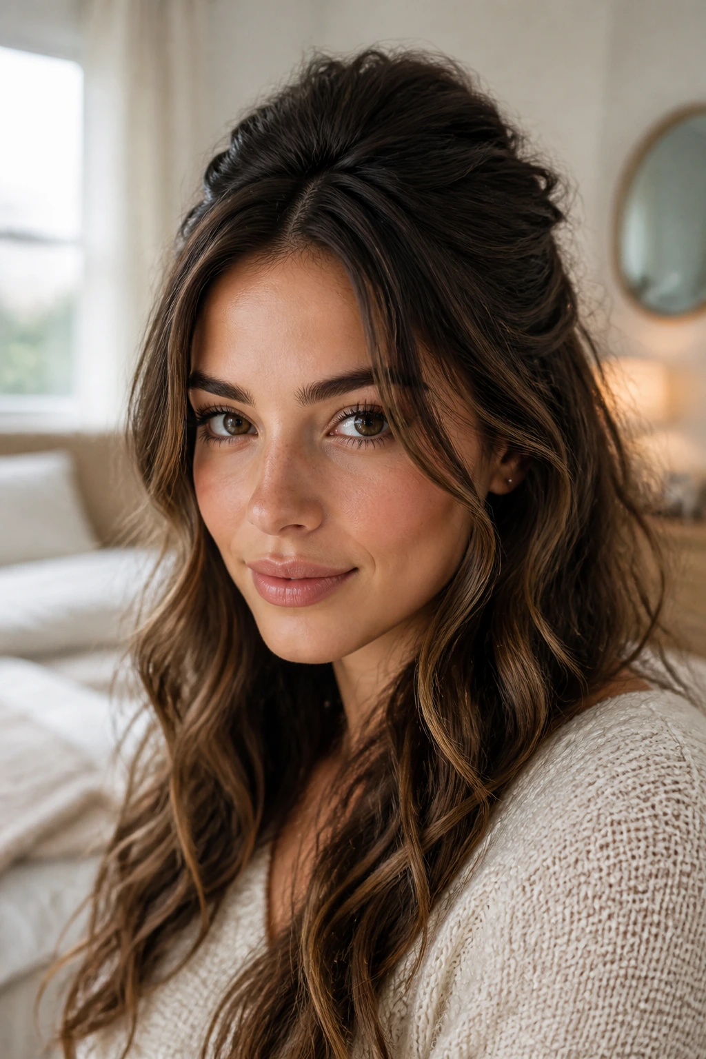 Portrait of a real woman with a half-up puff hairstyle in a softly lit room