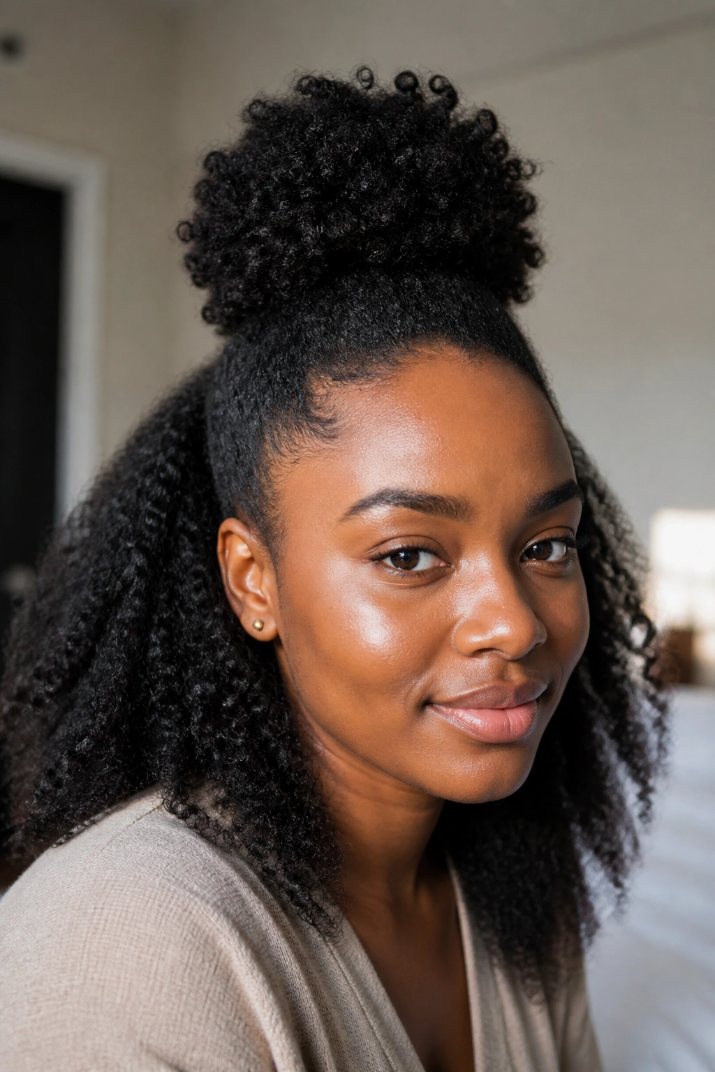 Close-up of a real woman with a half-up puff and loose length