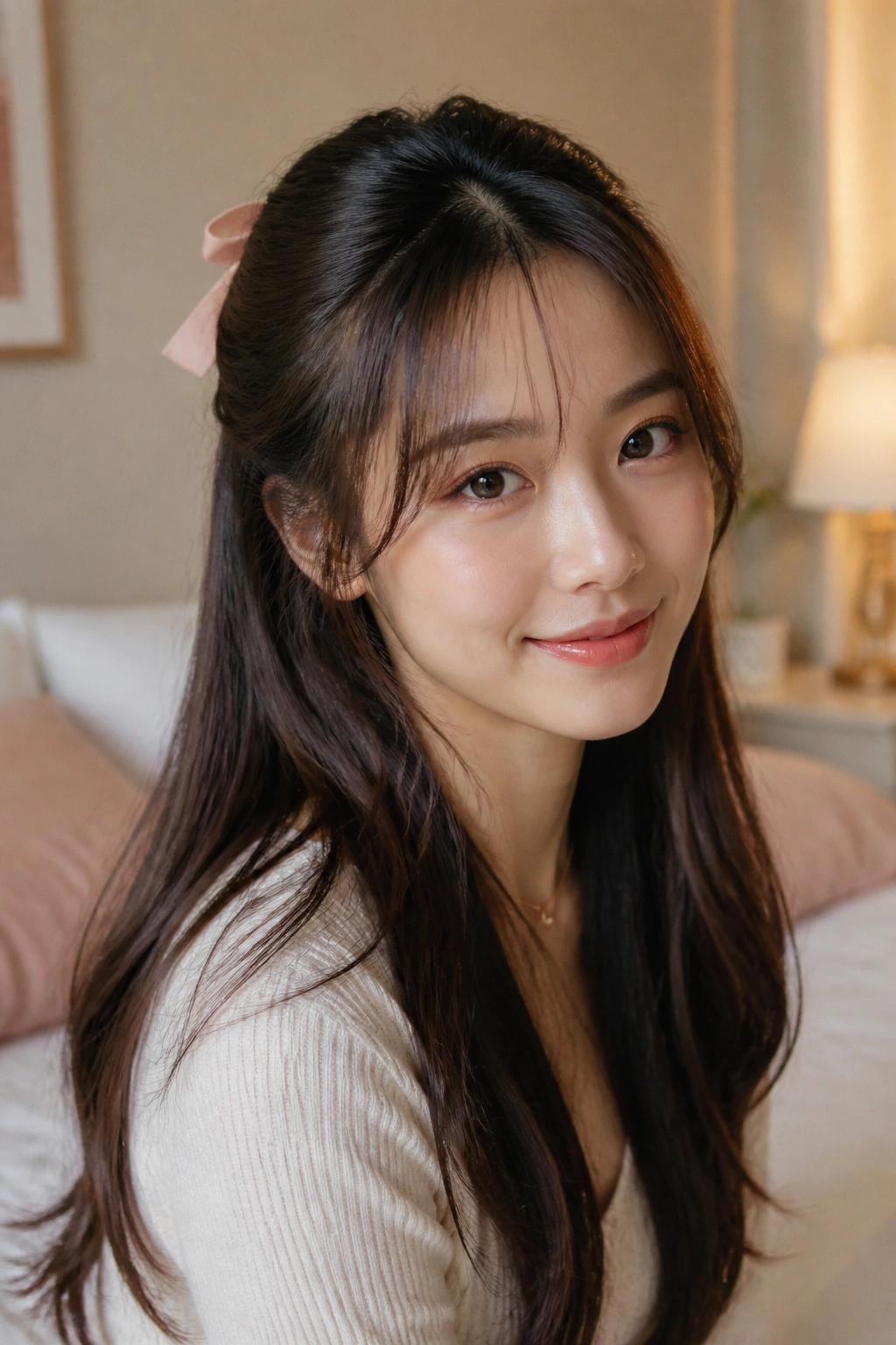 Close-up of a real woman wearing a half-up ribbon bow hairstyle