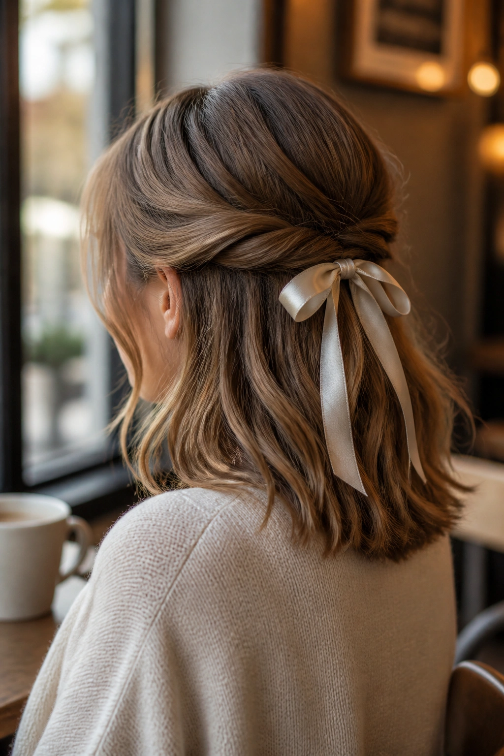 Close-up of a real woman with twisted half-up hairstyle secured with a ribbon