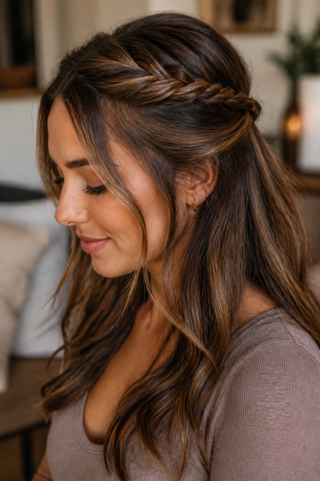 Close-up of a real woman with a rope braid at the crown framing the face