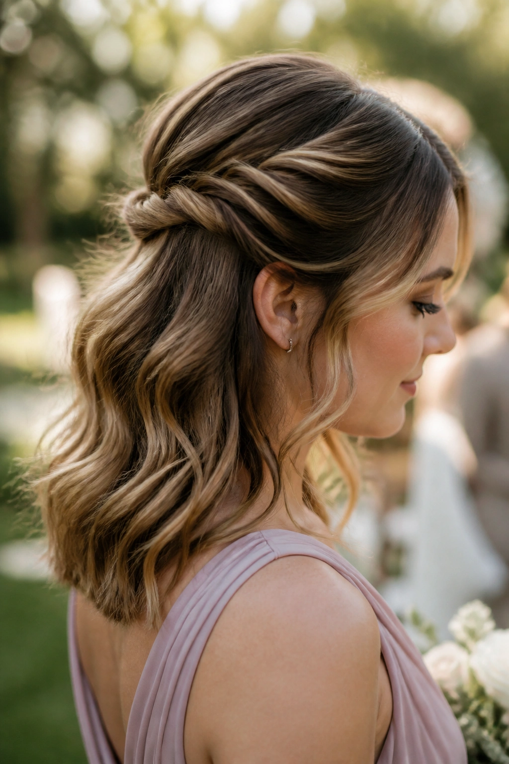 Close-up of a real woman with a half-up rope twist and hidden pins in a garden setting.