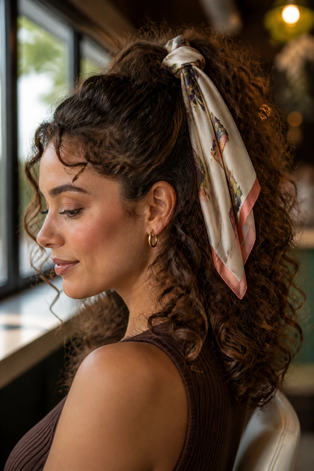 Portrait with half-up hairstyle secured by a silk scarf