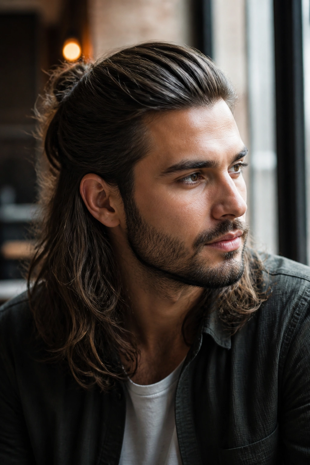Close-up of a man with half-up side part and loose length