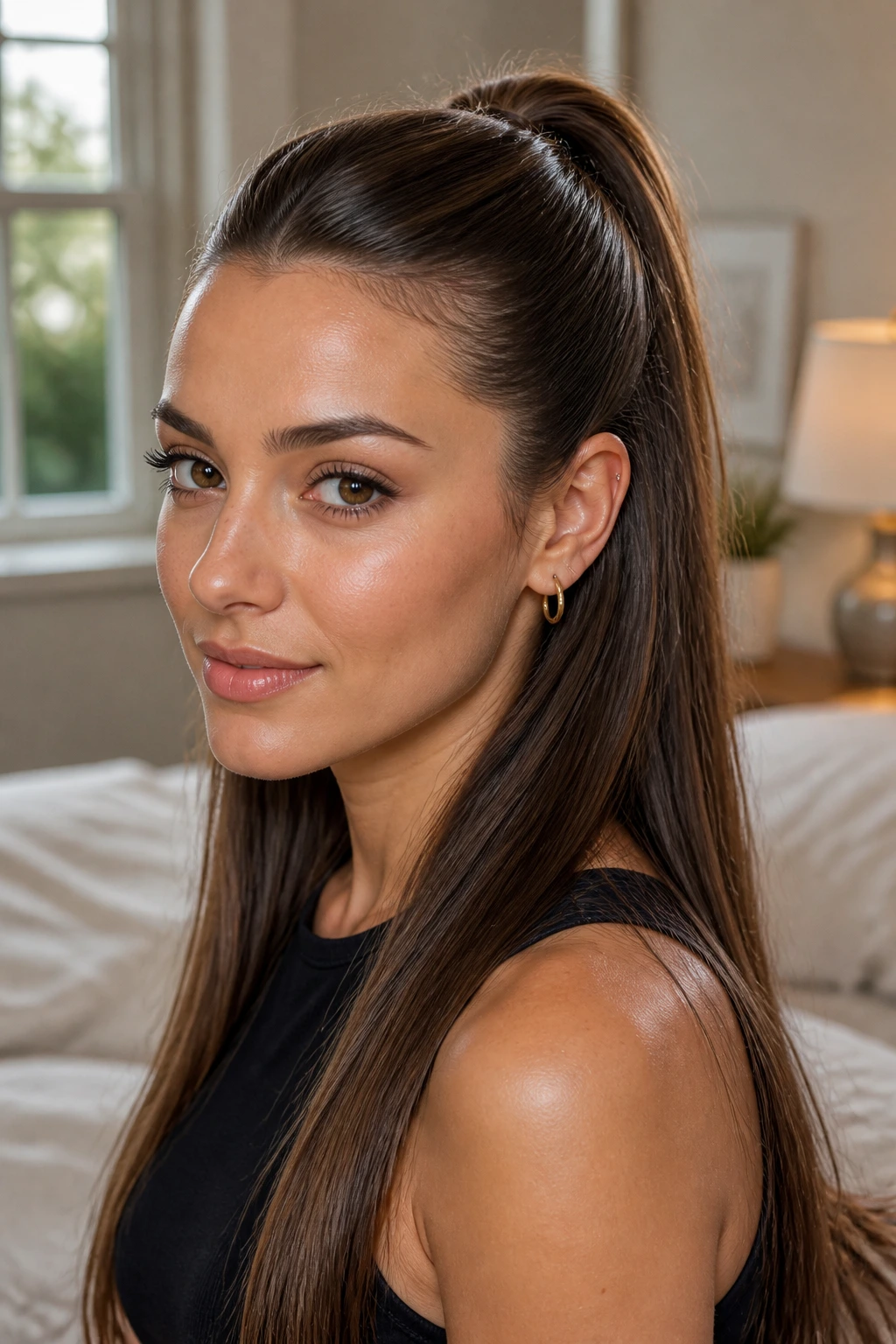 Close-up portrait of a real woman with a half-up sleek ponytail in natural window light