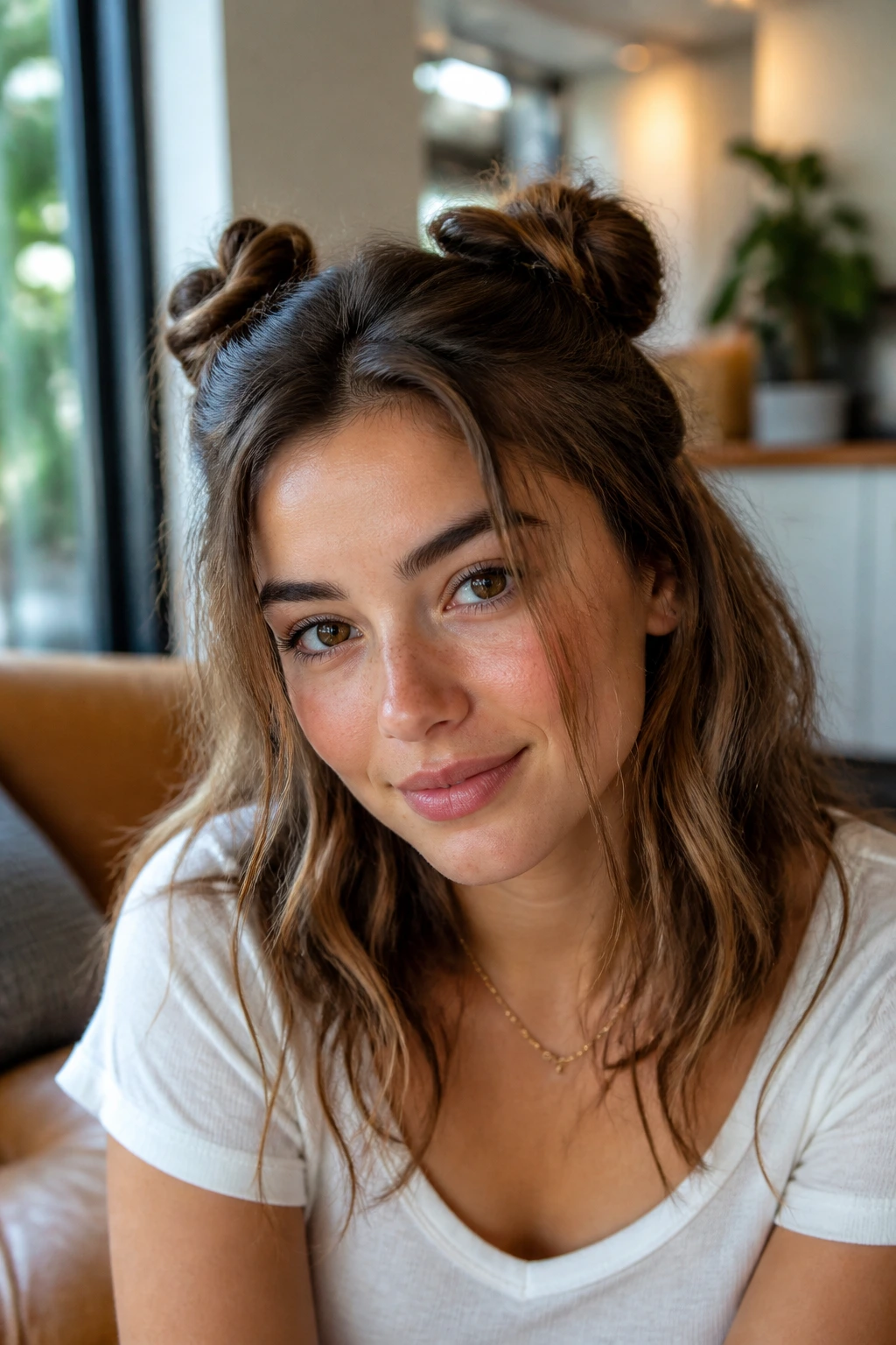 Close-up of a real woman with half-up space buns hairstyle