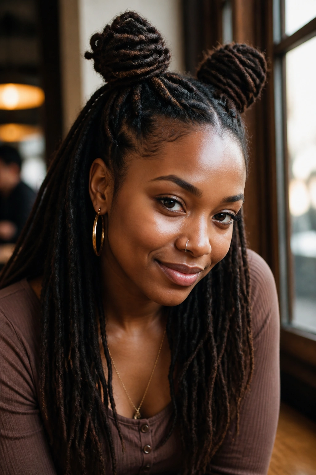 Real woman with half-up space buns at crown
