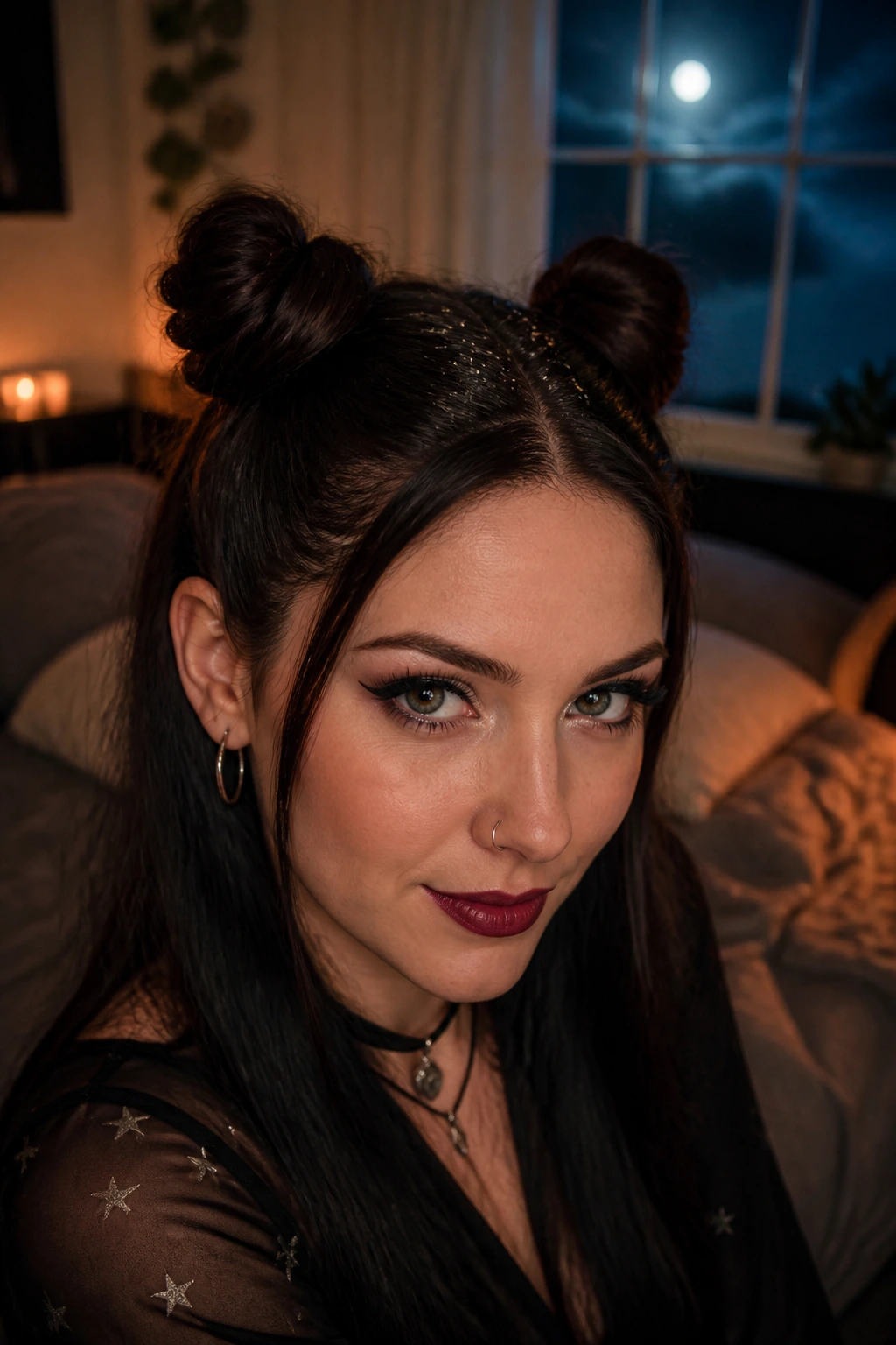 Real woman with half-up space buns in a moonlit bedroom