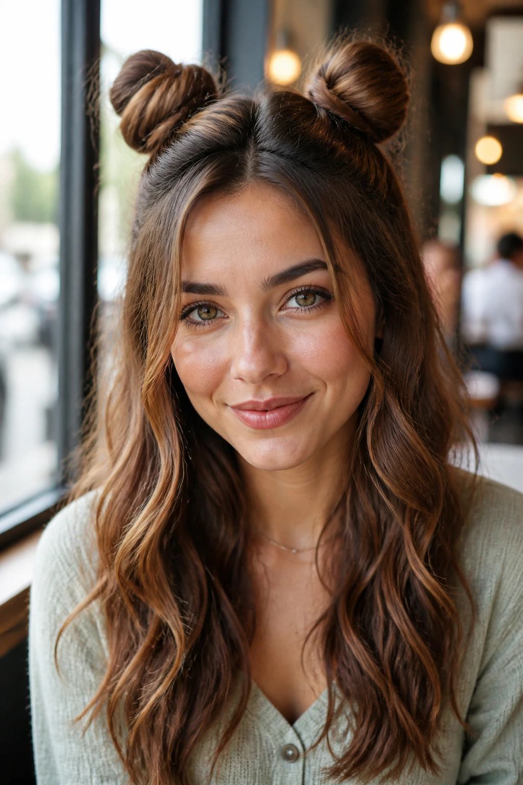 Close-up of a real woman with half-up space buns and loose waves in natural light