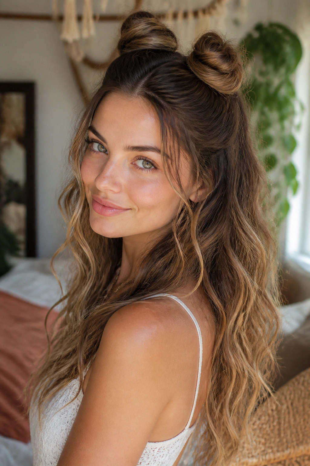 Close-up of a woman with half-up space buns and flowing waves
