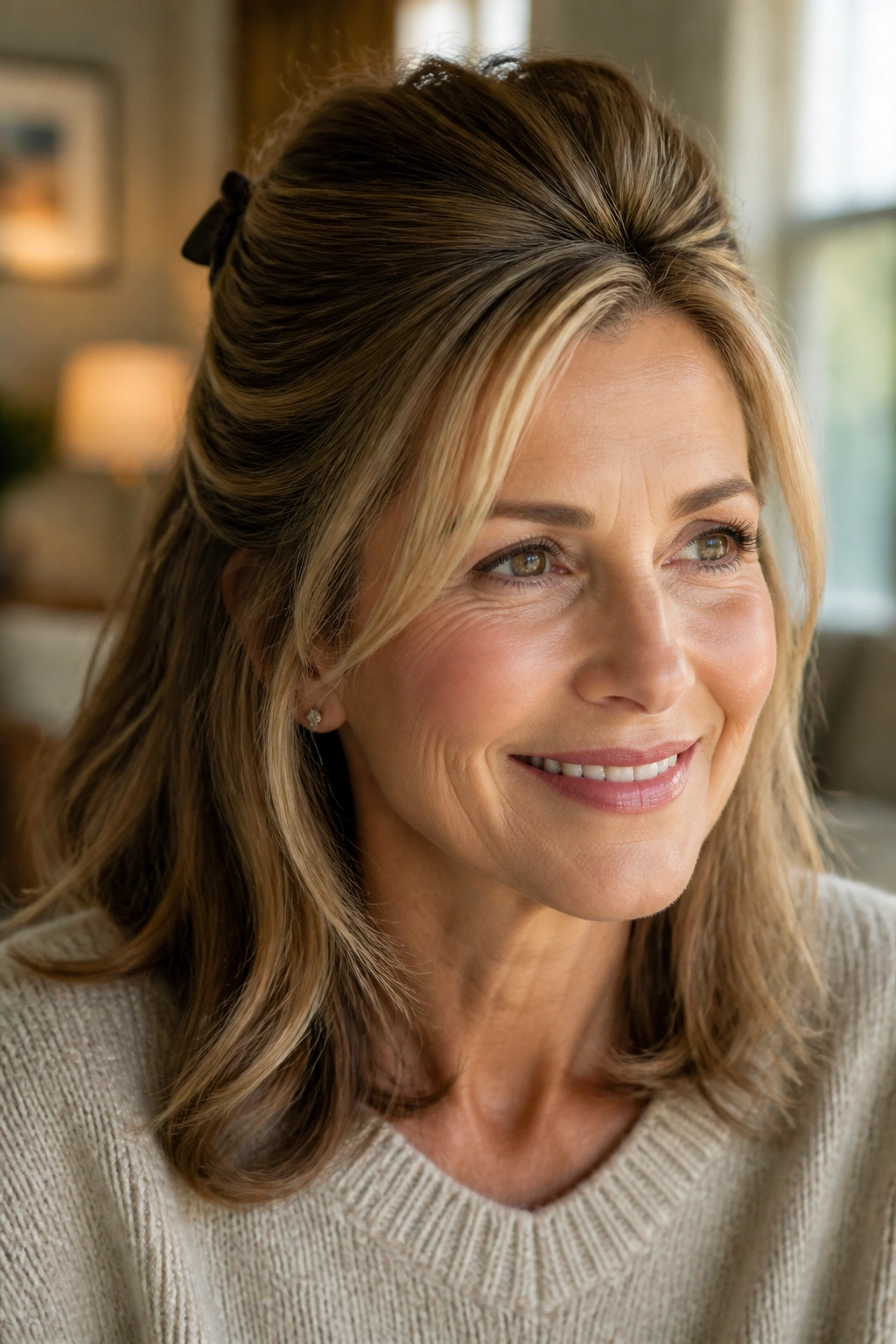 Close-up of a woman with a half-up crown-lift hairstyle.