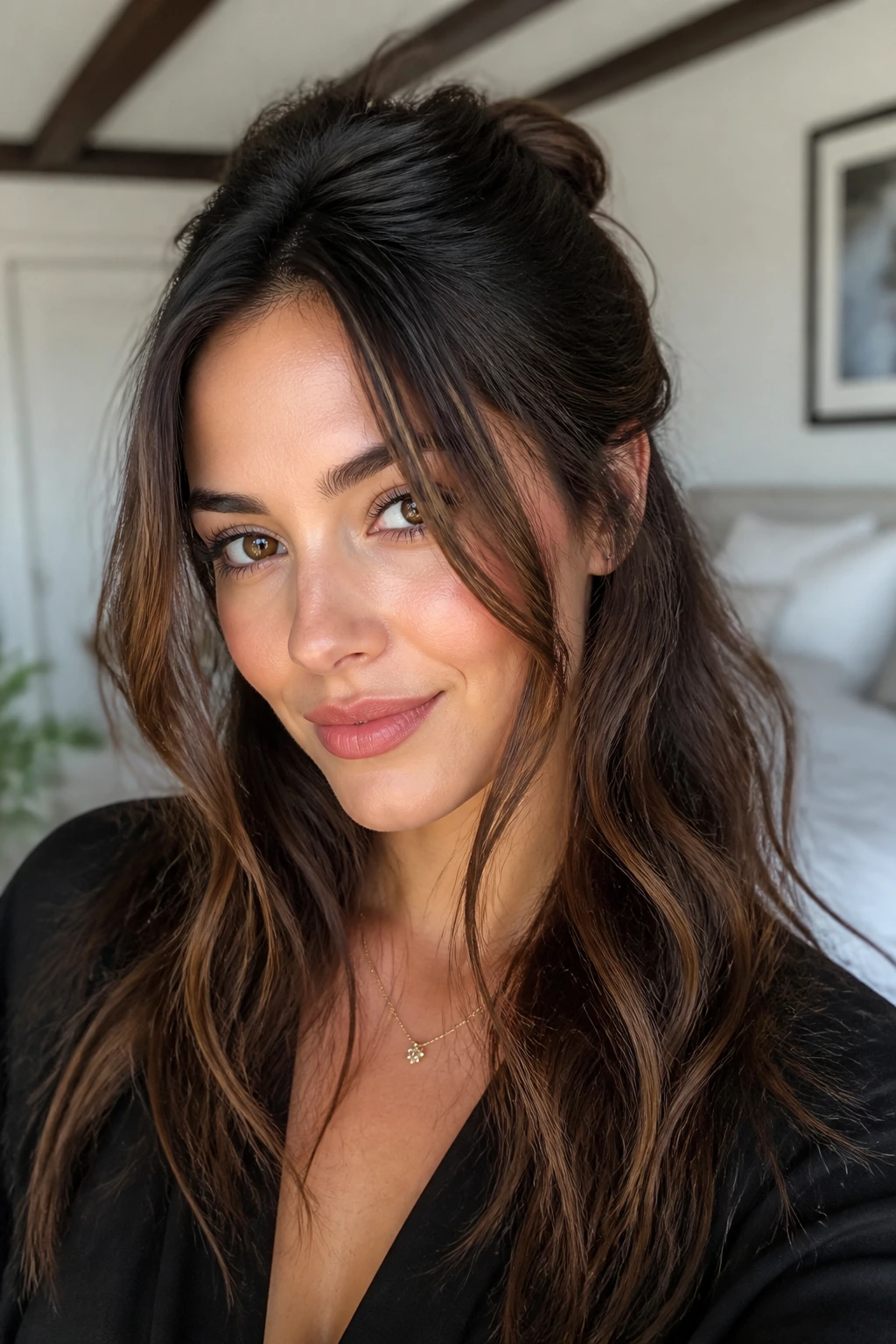 Close-up portrait of a real woman with half-up hairstyle and loose front pieces