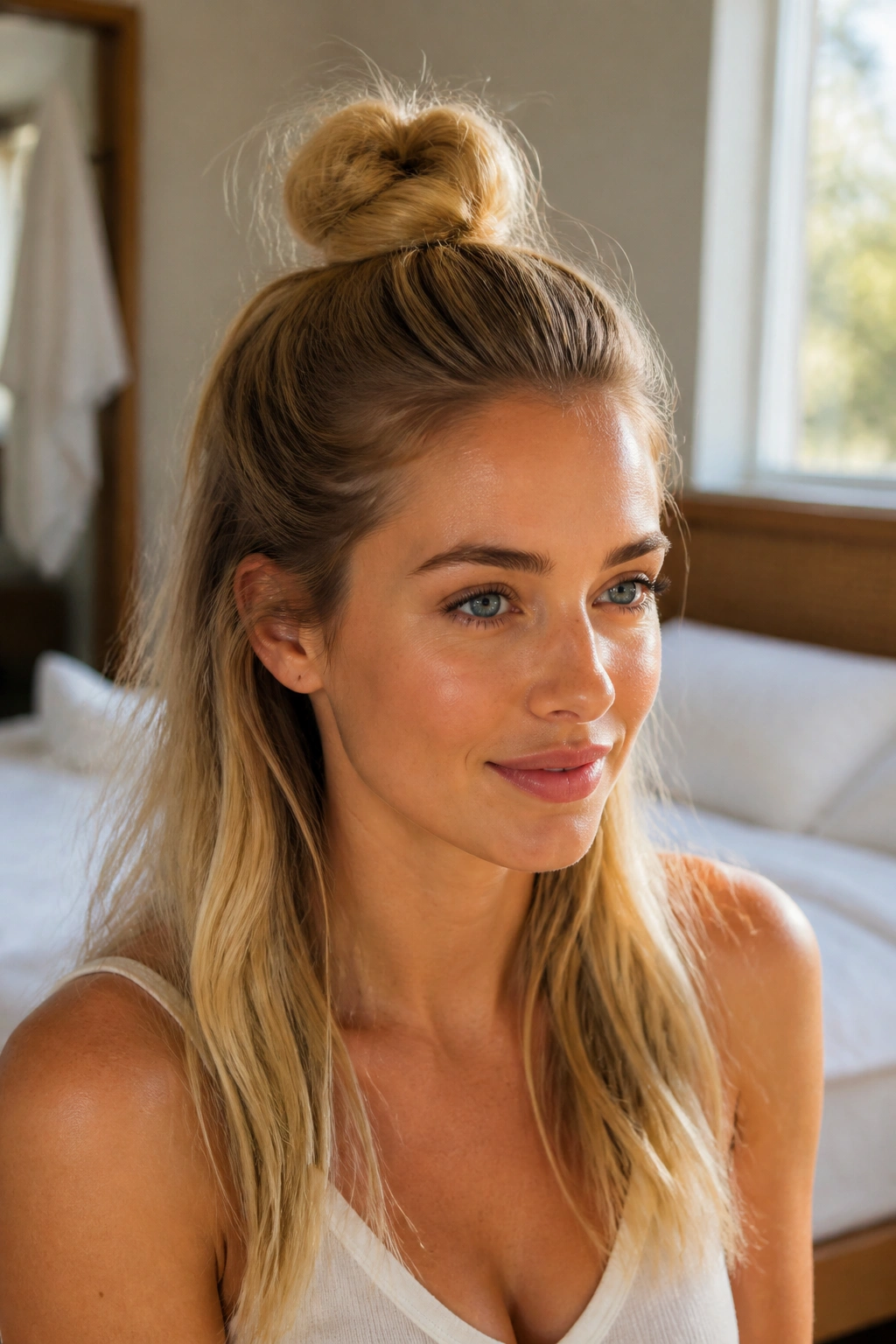 Close-up of a real person with a half-up top knot in a bright cozy bedroom