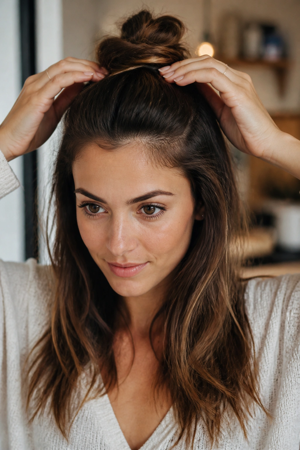Close-up portrait of a real woman with a half-up top knot