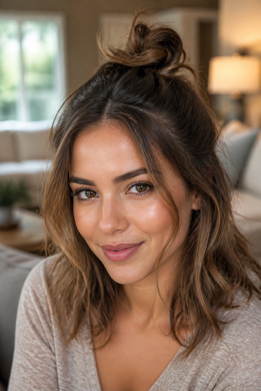 Close-up of a real woman wearing a half-up top knot with loose pieces framing the face.