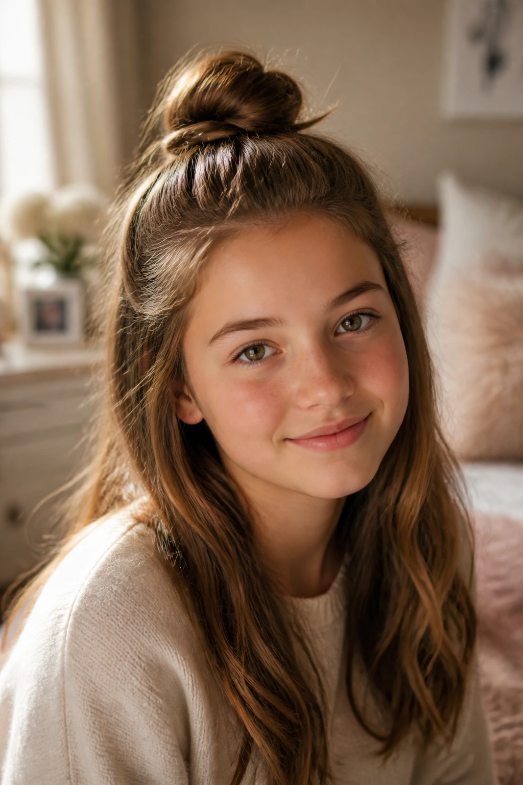 Close-up of a real girl with a half-up top knot in warm bedroom light
