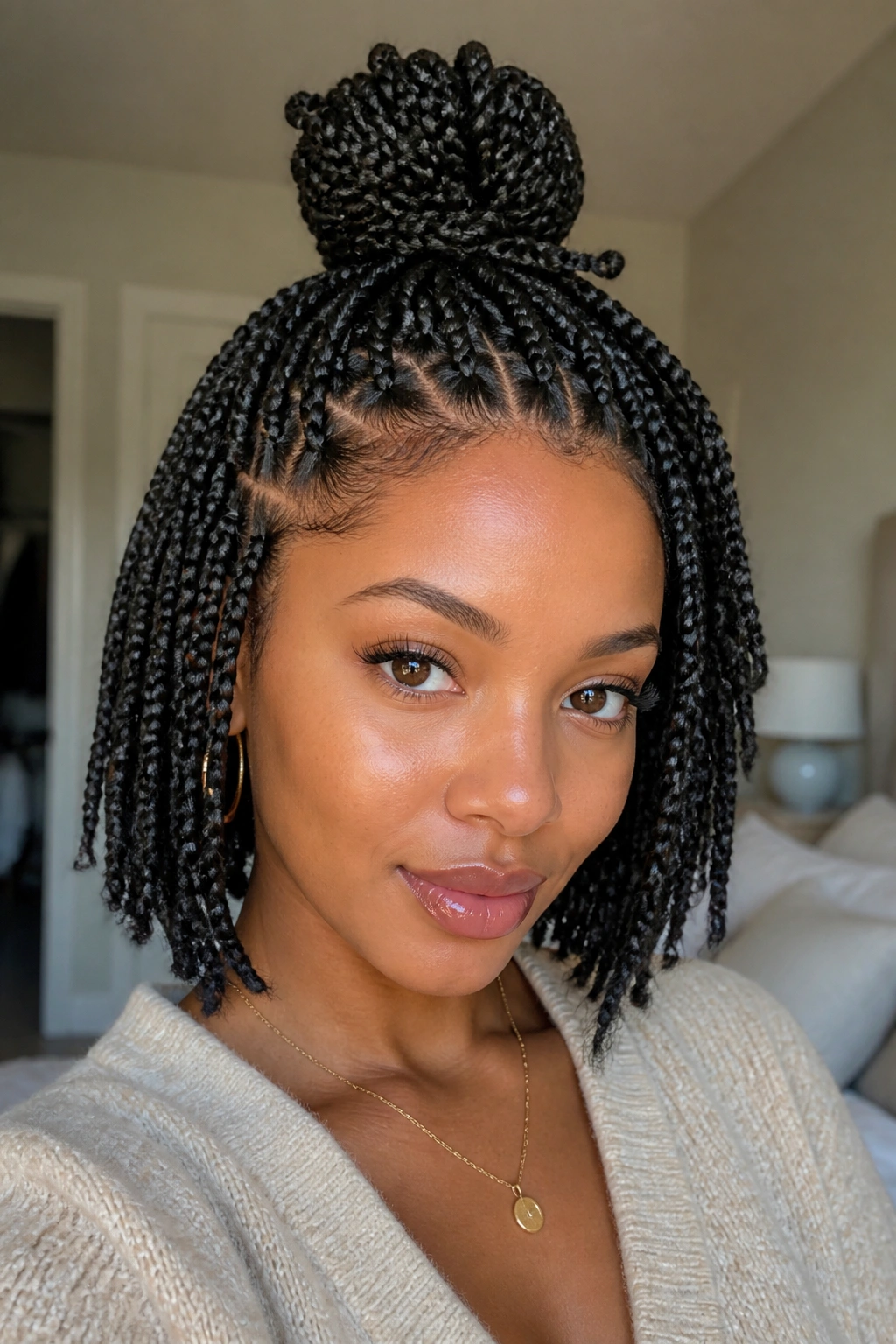 Real woman wearing half-up top knot with braids, portrait in warm light.
