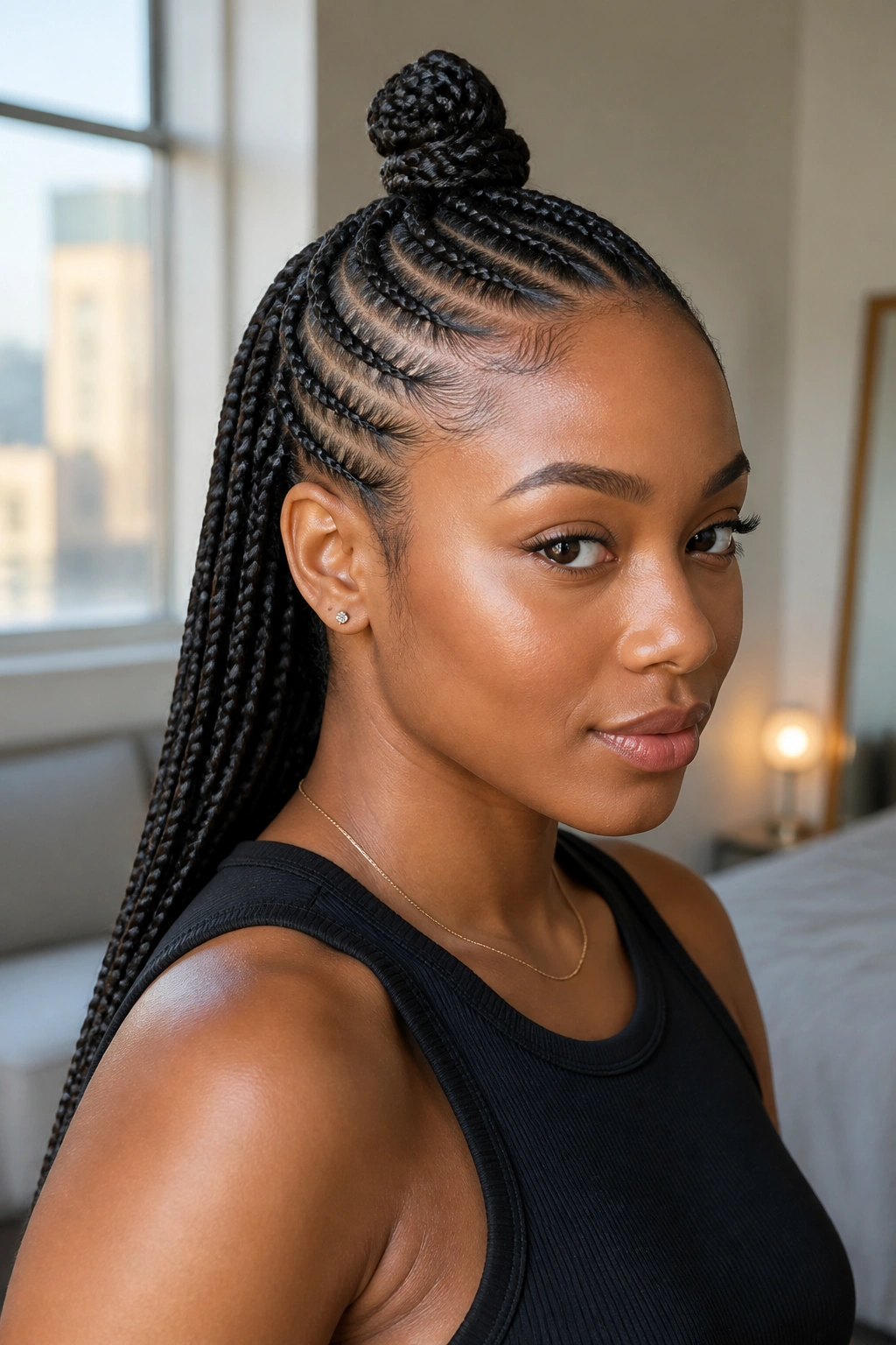 Close-up of half-up top knot with straight back braids