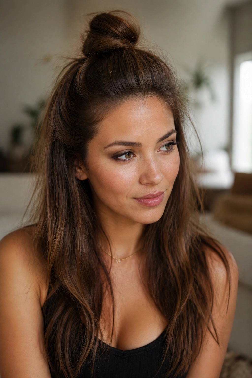 Close-up of a woman with a half-up top knot at the crown.