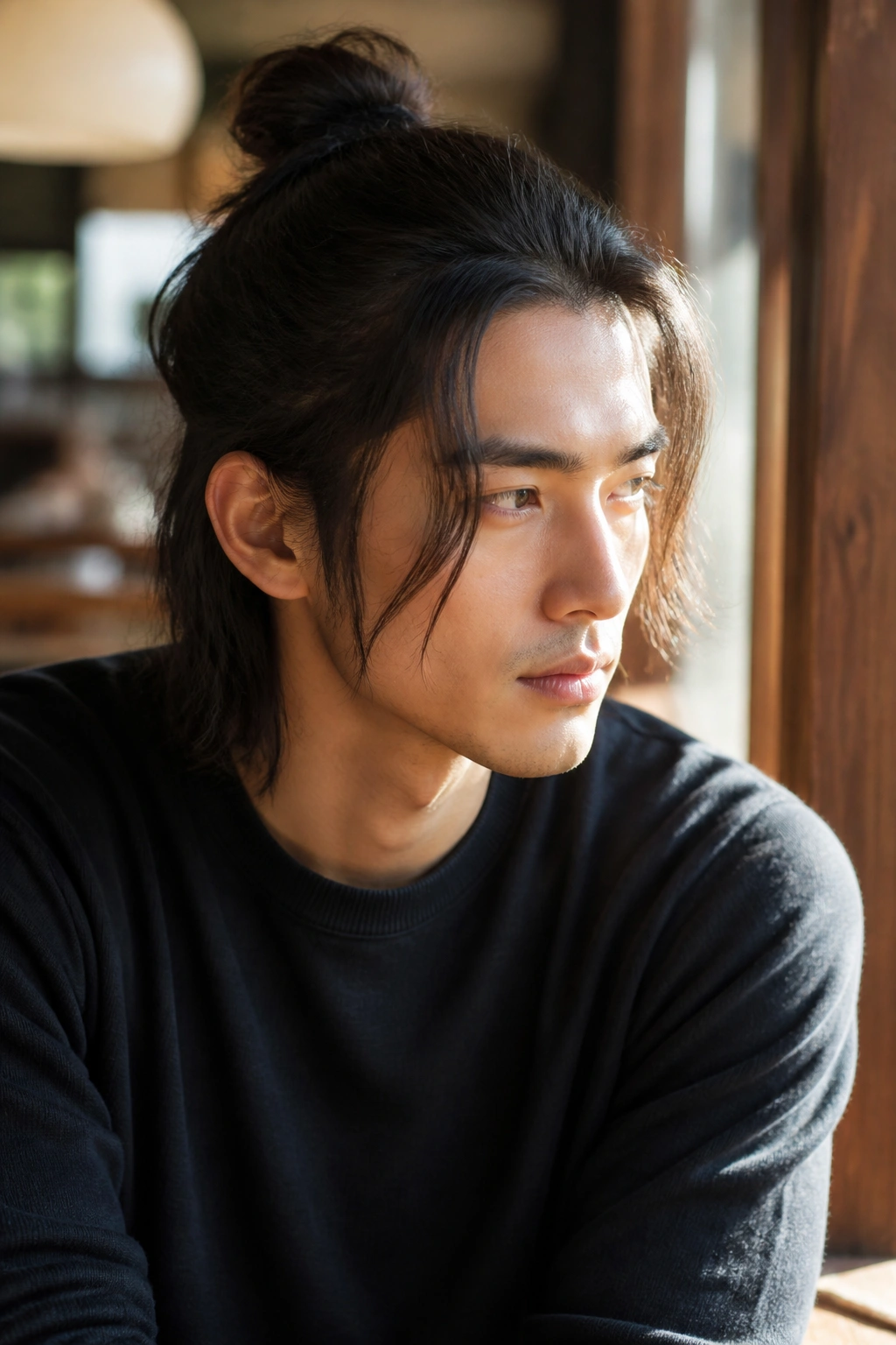 Close-up of a real man with a half-up top knot and face-framing pieces in warm cafe light