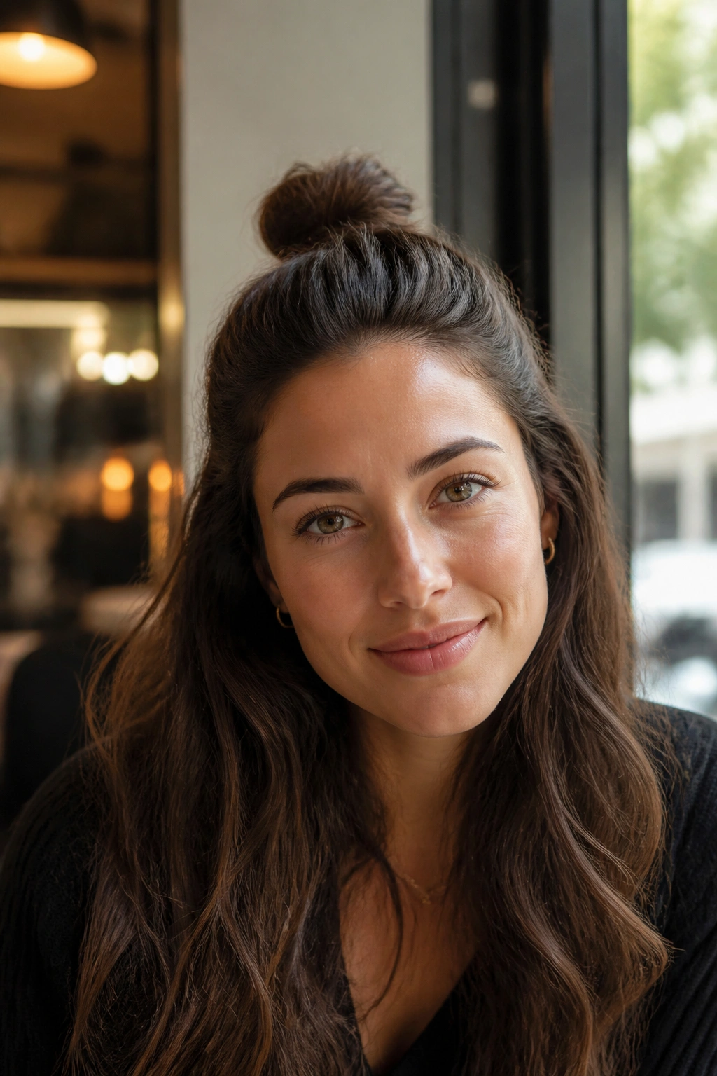 Real woman with a half-up top knot and long hair in warm daylight
