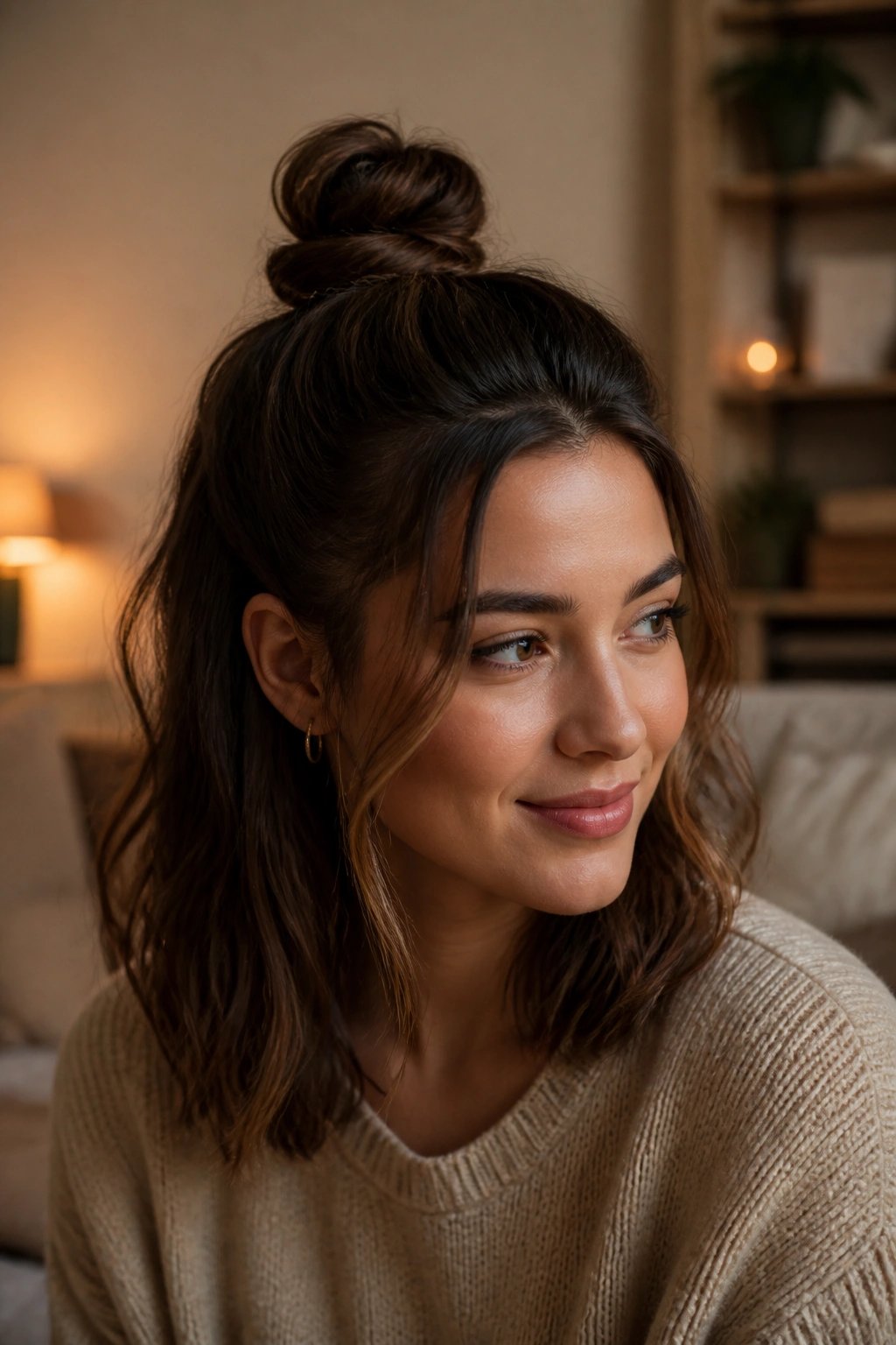 Close-up portrait of a real person with a half-up top knot hairstyle.
