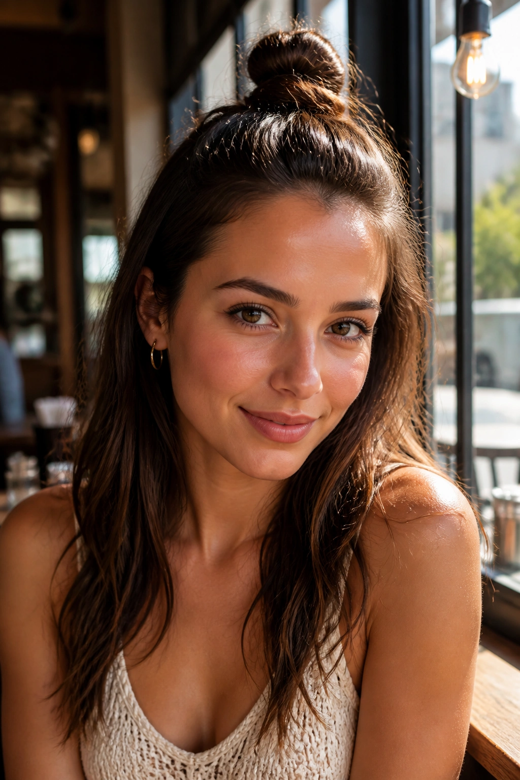 Close-up of a real person with a half-up top knot at the crown and hair down.