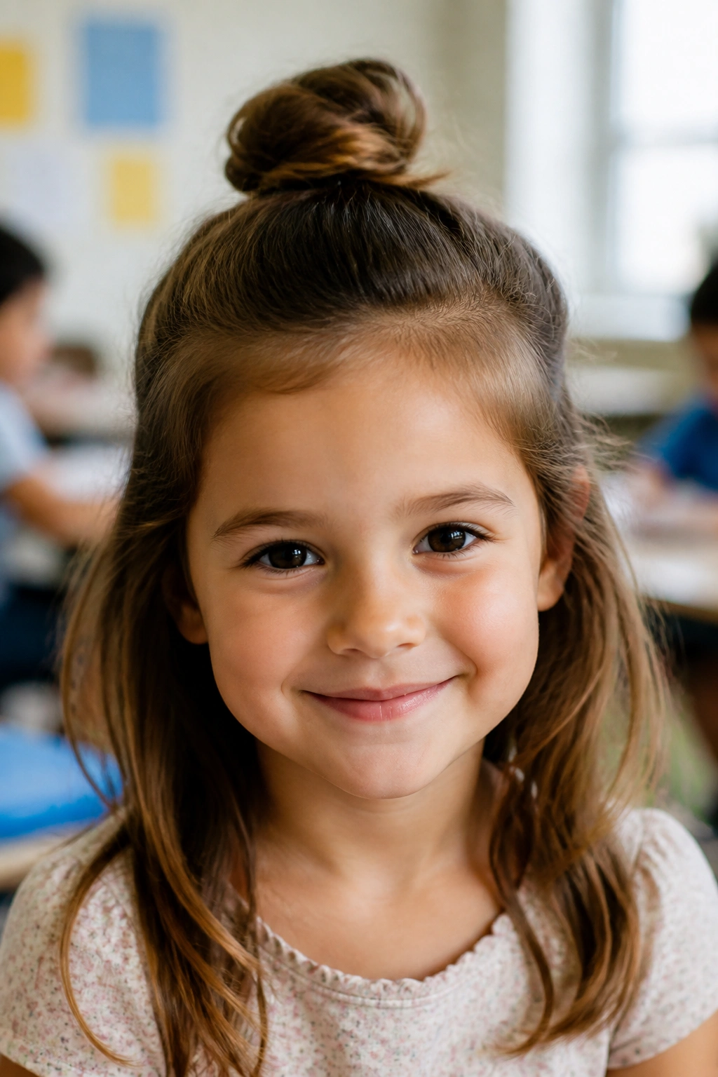 Close-up of a real child with a half-up top knot at the crown