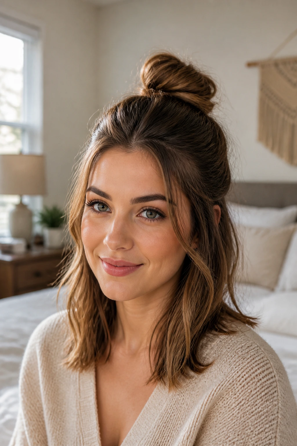 Close-up portrait of a real woman with a half-up top knot for medium hair in soft bedroom light