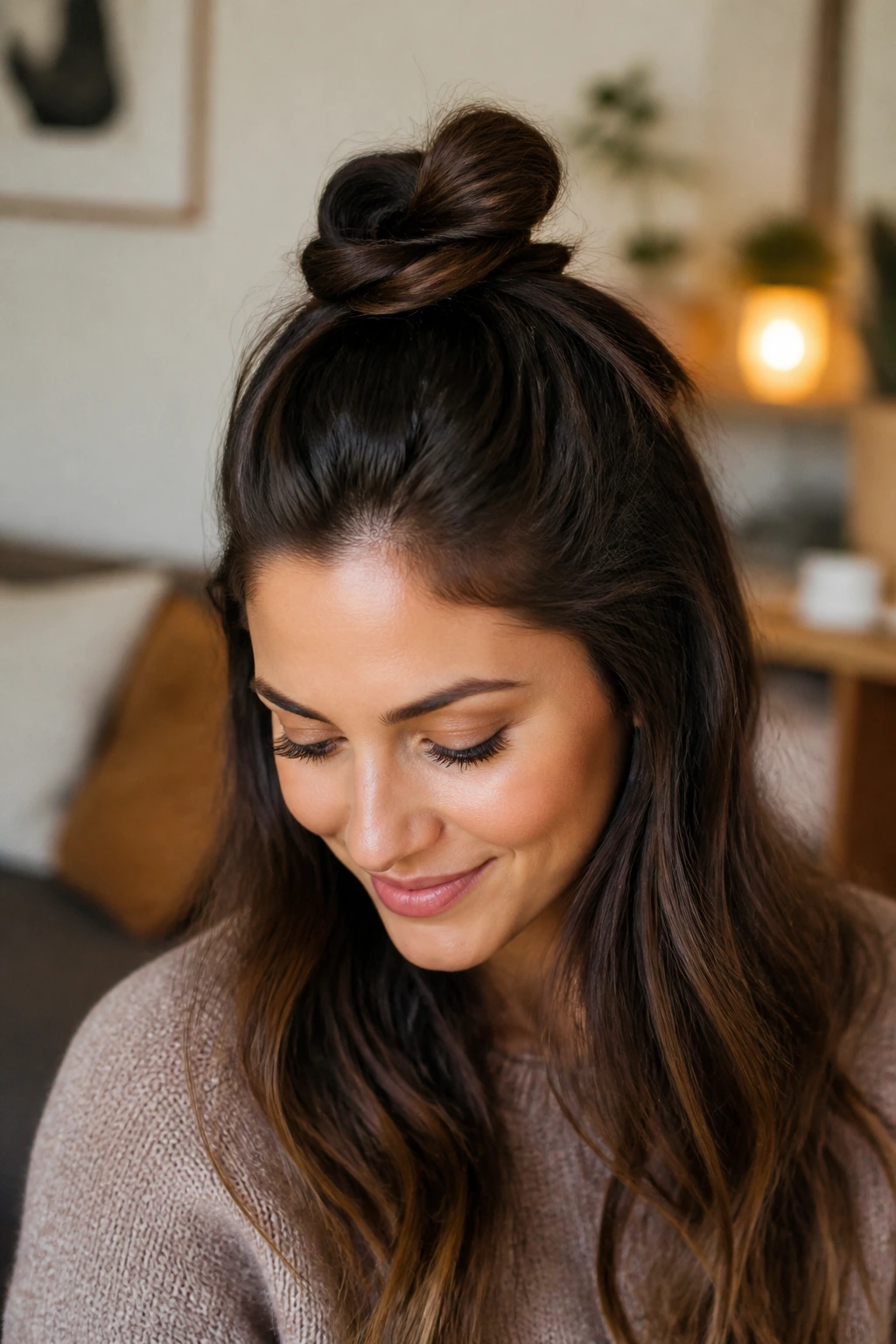 Close-up of a real woman with a half-up top knot at the crown under warm indoor light