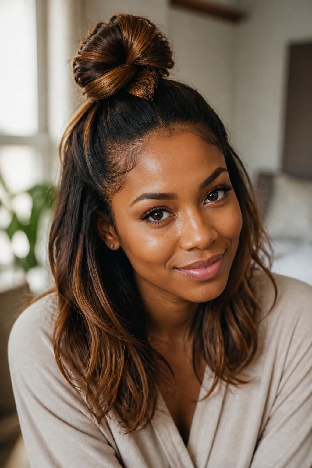 Close-up of a woman with a half-up, half-down top knot.