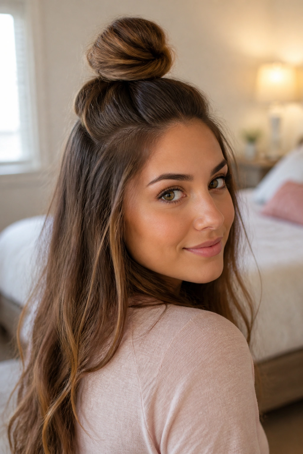 Close-up of a real person with half-up top knot at crown, long hair flowing down back, in a softly lit bedroom.