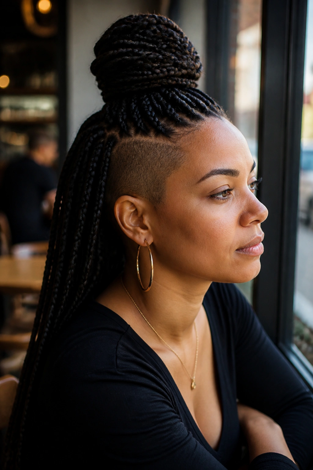 Close-up of a real woman with half-up top knot braids and shaved sides in cafe daylight