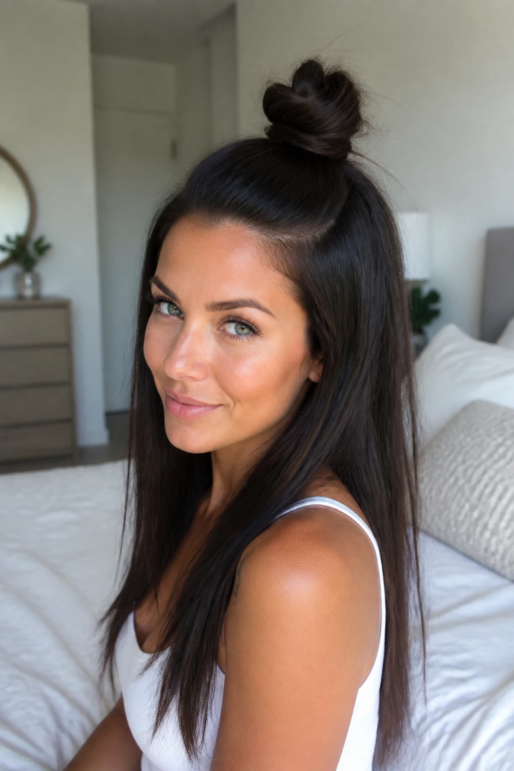 Close-up of a real woman with a half-up top knot on thick straight hair