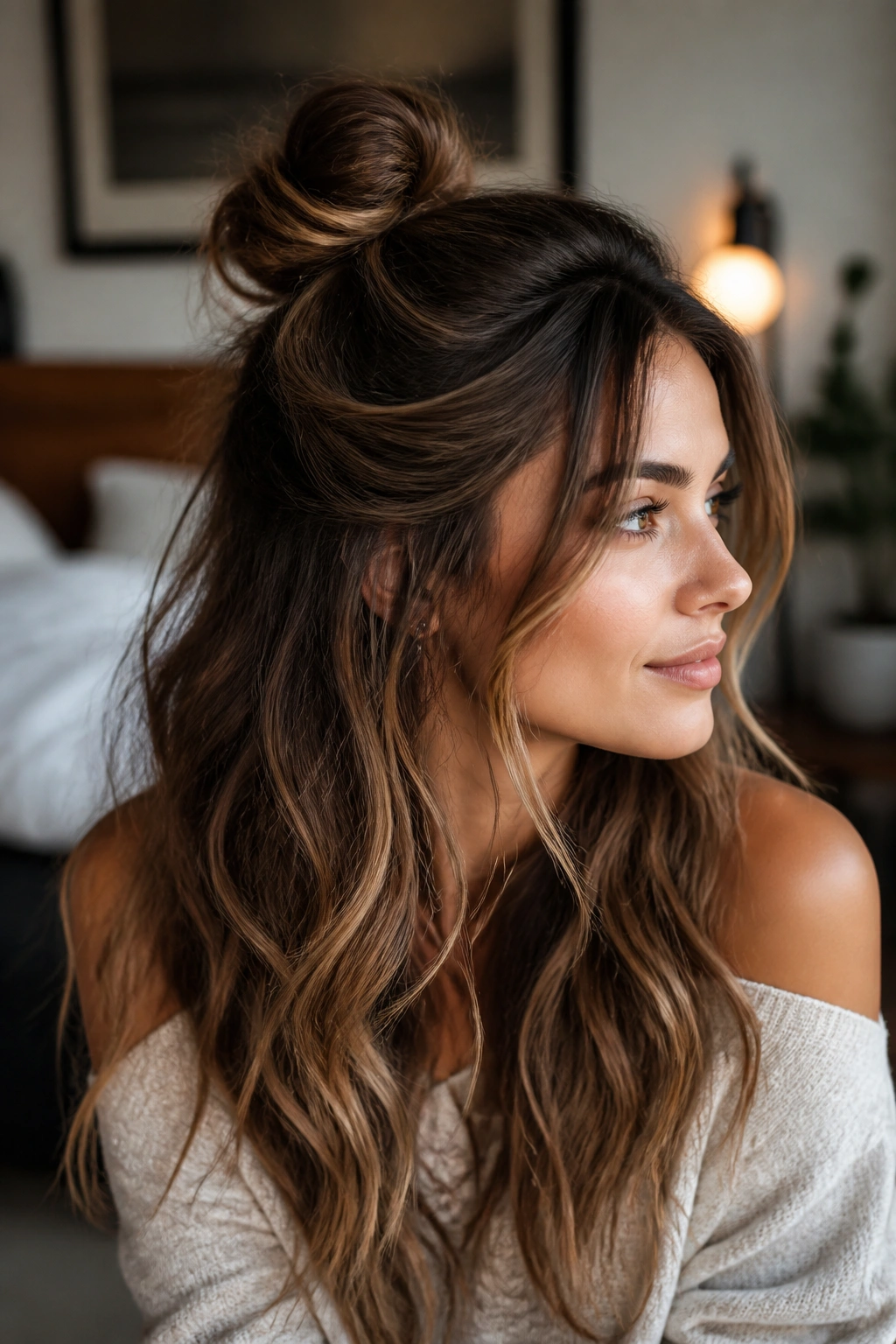 Close-up of a real woman with a half-up top knot and loose waves