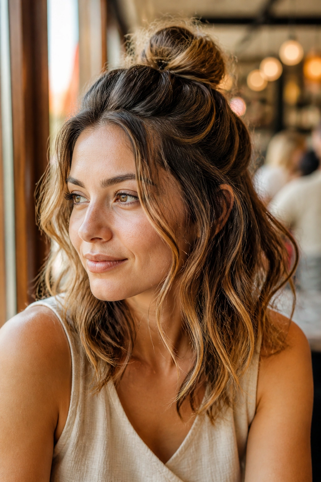 Portrait of a real woman with a high half-up knot and loose waves