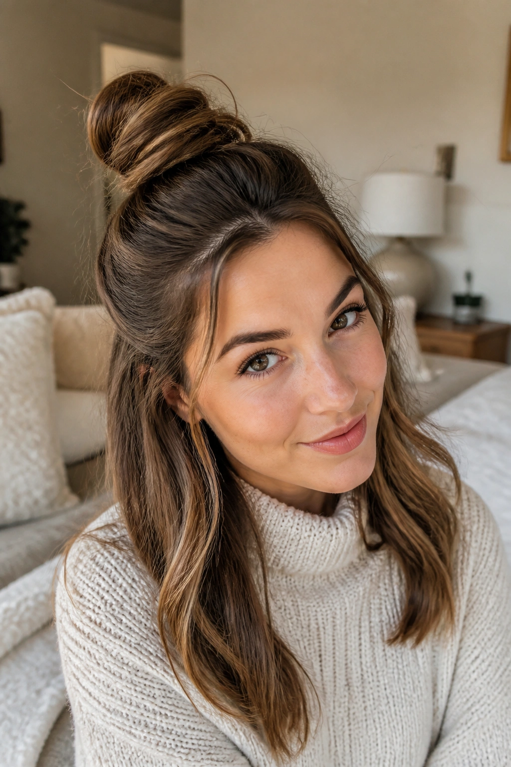 Close-up of a real woman with a Half-Up Top Knot hairstyle.