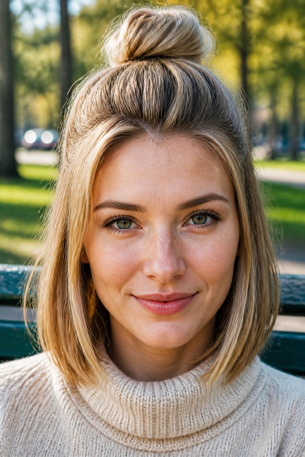 Front portrait of a real woman with a small topknot at the crown and hair down.