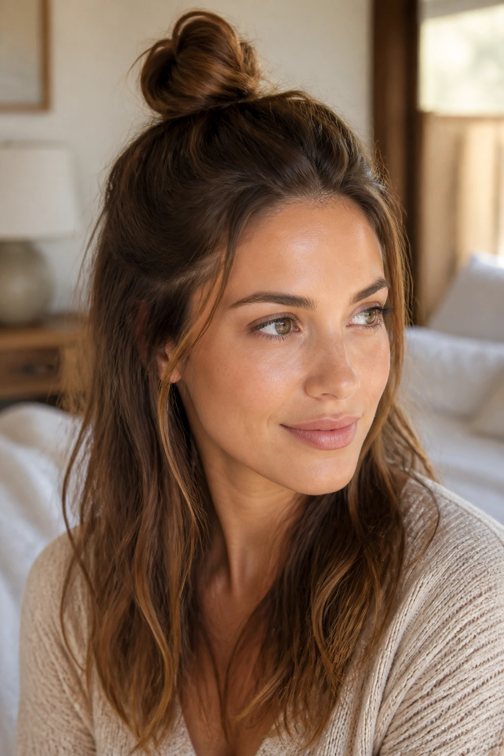 Close-up of a real woman with a half-up top knot